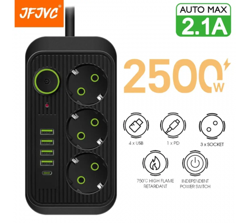 Сетевой фильтр питания UA Power Socket F09U 3 розетки +4USB +Type-C Port 2m, сетевой удлинитель розеток
