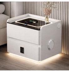 Тумба YJXF01 из экокожи с LED подстветкой, USB, датчик движения, беспроводная зарядка, Bluetooth-аудио Белая 50х40х47см