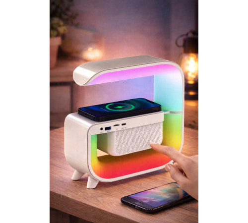 Ночник аккумуляторный RGB G 3 с беспроводной зарядкой 15W и Bluetooth колонкой 3W Настольная смарт лампа
