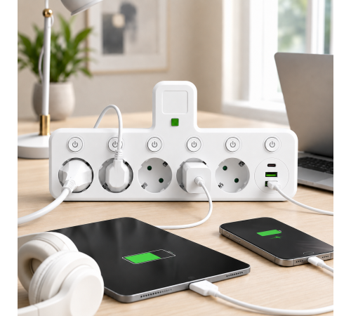 Сетевой фильтр 5 розеток + USB/адаптер на 5 розеток + USB с индивидуальными кнопками и LED-подсветкой Белый
