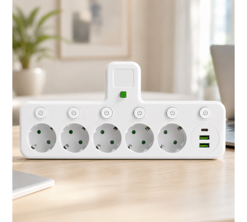 Сетевой фильтр 5 розеток + USB/адаптер на 5 розеток + USB с индивидуальными кнопками и LED-подсветкой Белый