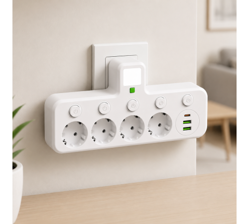 Сетевой фильтр 5 розеток + USB/адаптер на 5 розеток + USB с индивидуальными кнопками и LED-подсветкой Белый