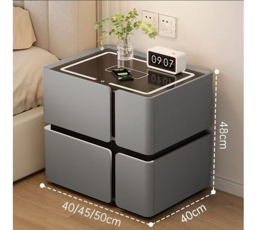 Прикроватная тумба из экокожи с LED подстветкой, USB, датчик движения, беспроводная зарядка, Bluetooth-аудио Серая