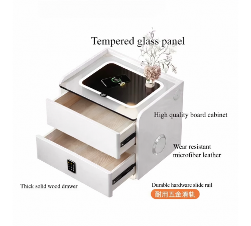 Тумба YJXF01 из экокожи с LED подстветкой, USB, датчик движения, беспроводная зарядка, Bluetooth-аудио Белая 50х40х47см