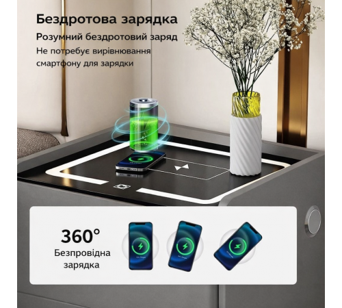 Тумба YJXF01 из экокожи с LED подстветкой, USB, датчик движения, беспроводная зарядка, Bluetooth-аудио Белая 50х40х47см