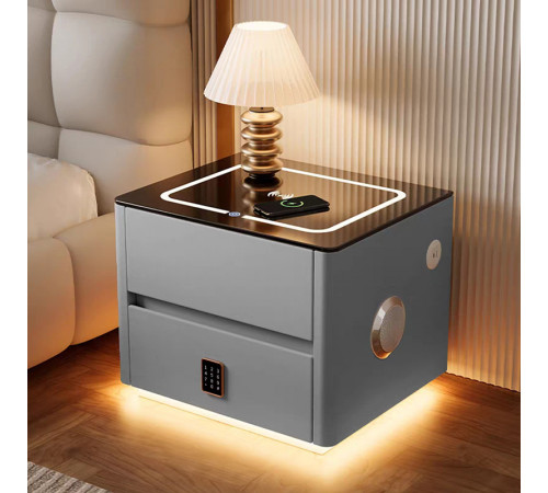 Тумба QYJXF02 из экокожи с LED подстветкой, USB, датчик движения, беспроводная зарядка, Bluetooth-аудио Серая