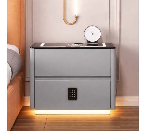 Тумба QYJXF02 из экокожи с LED подстветкой, USB, датчик движения, беспроводная зарядка, Bluetooth-аудио Серая
