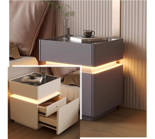 Тумба из экокожи XXF02 с LED подстветкой, сейфом, беспроводная зарядка, Bluetooth-аудио Белая 40х40х51