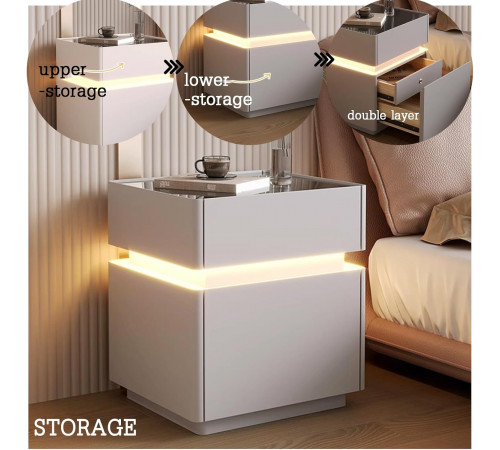 Тумба из экокожи XXF02 с LED подстветкой, сейфом, беспроводная зарядка, Bluetooth-аудио Белая 40х40х51