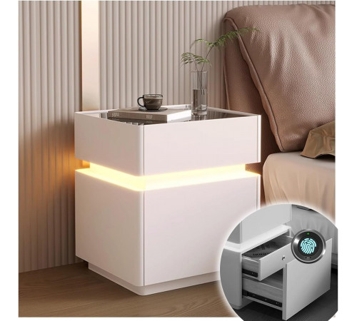 Тумба из экокожи XXF02 с LED подстветкой, сейфом, беспроводная зарядка, Bluetooth-аудио Белая 40х40х51