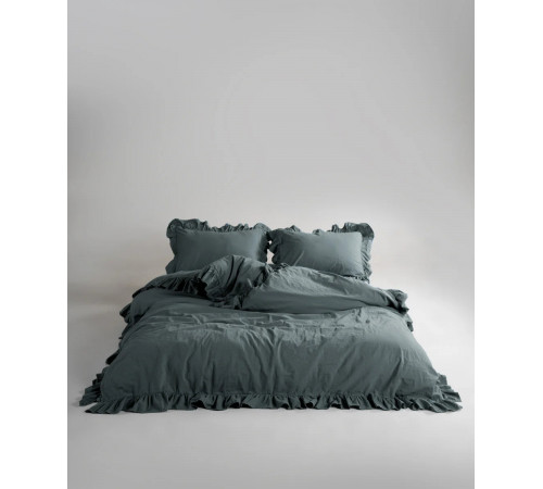 Комплект постільної білизни Євро / Постільна білизна з рюшами 200х220 см 100% варена бавовна Сіро-зелений за 3728 грн