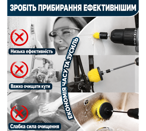 Набор из 10 насадок для дрели Holikme, электрическая щетка-скруббер с удлиненной насадкой, чистящая щетка, желтый 26X-49 / Набор щеток насадок на дрель щетки для шуруповерта