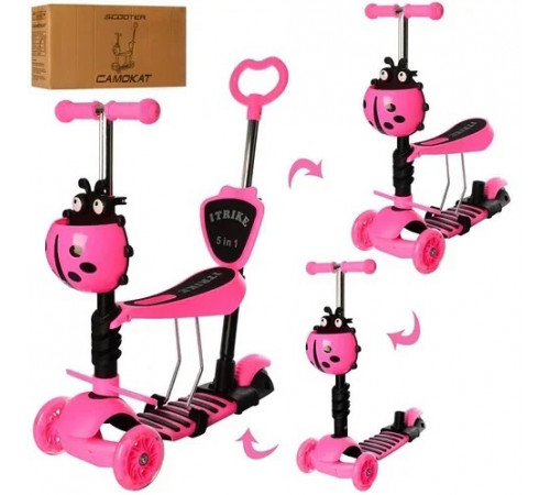 Самокат трехколесный с сидением и родительской ручкой Божья Коровка 5 в 1 Pink YJ-28