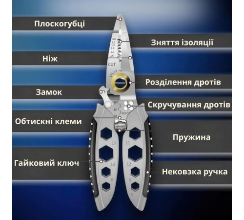 Инструмент для снятия изоляции 16 в 1, обжима клемм, зачистки проводов Мультитул стриппер WK-10