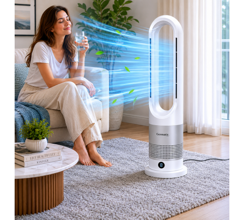 Мобільний безлопатевий вентилятор Germatic 2в1 автоповорот 80° / Кондиціонер зима-літо AM-030JR 1200W+ пульт ДУ за 4679 грн