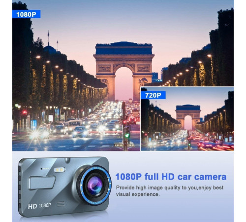 Видеорегистратор автомобильный, Full HD 1080P, 4 дюйма, IPS, переднее и заднее синее зеркало
