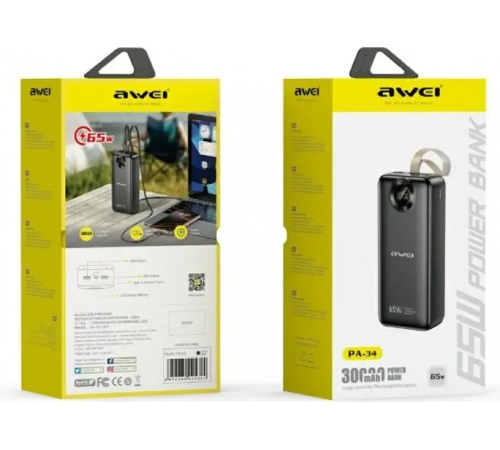 Портативний POWER BANK AWEI PA 34 30000mAh / Повербанк 30000 мАг швидка зарядка