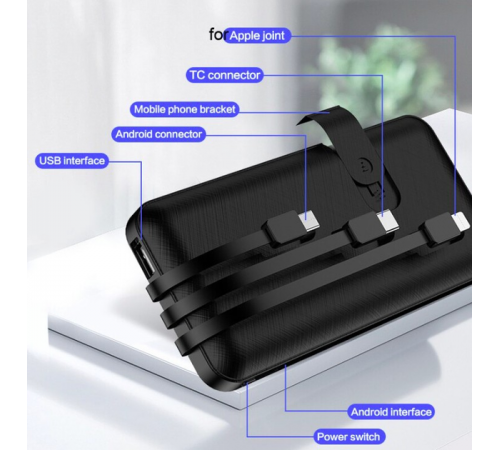 Павербанк 30000 mAh встроенные кабели USB, micro USB, Type-C, Lightning с подставкой для телефона, Портативная батарея Powerbank