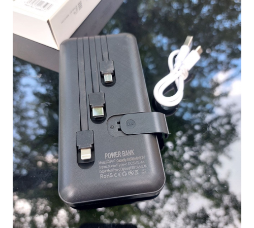 Павербанк 30000 mAh встроенные кабели USB, micro USB, Type-C, Lightning с подставкой для телефона, Портативная батарея Powerbank